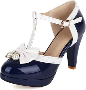AIMODOR Womens Vintage Rockabilly T-Strap Mary Jane Shoes Heels Patent Platform Pumps with Bow