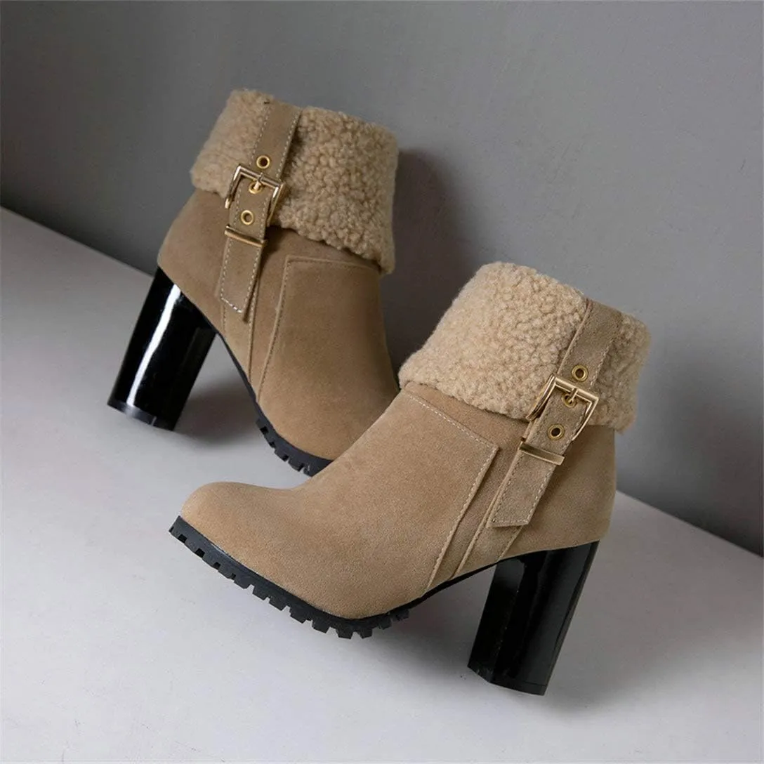 Alsoloveu Women Fold Down Ankle Boots Chunky Heel Closed Toe Booties with Faux Fur