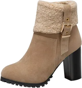 Alsoloveu Women Fold Down Ankle Boots Chunky Heel Closed Toe Booties with Faux Fur