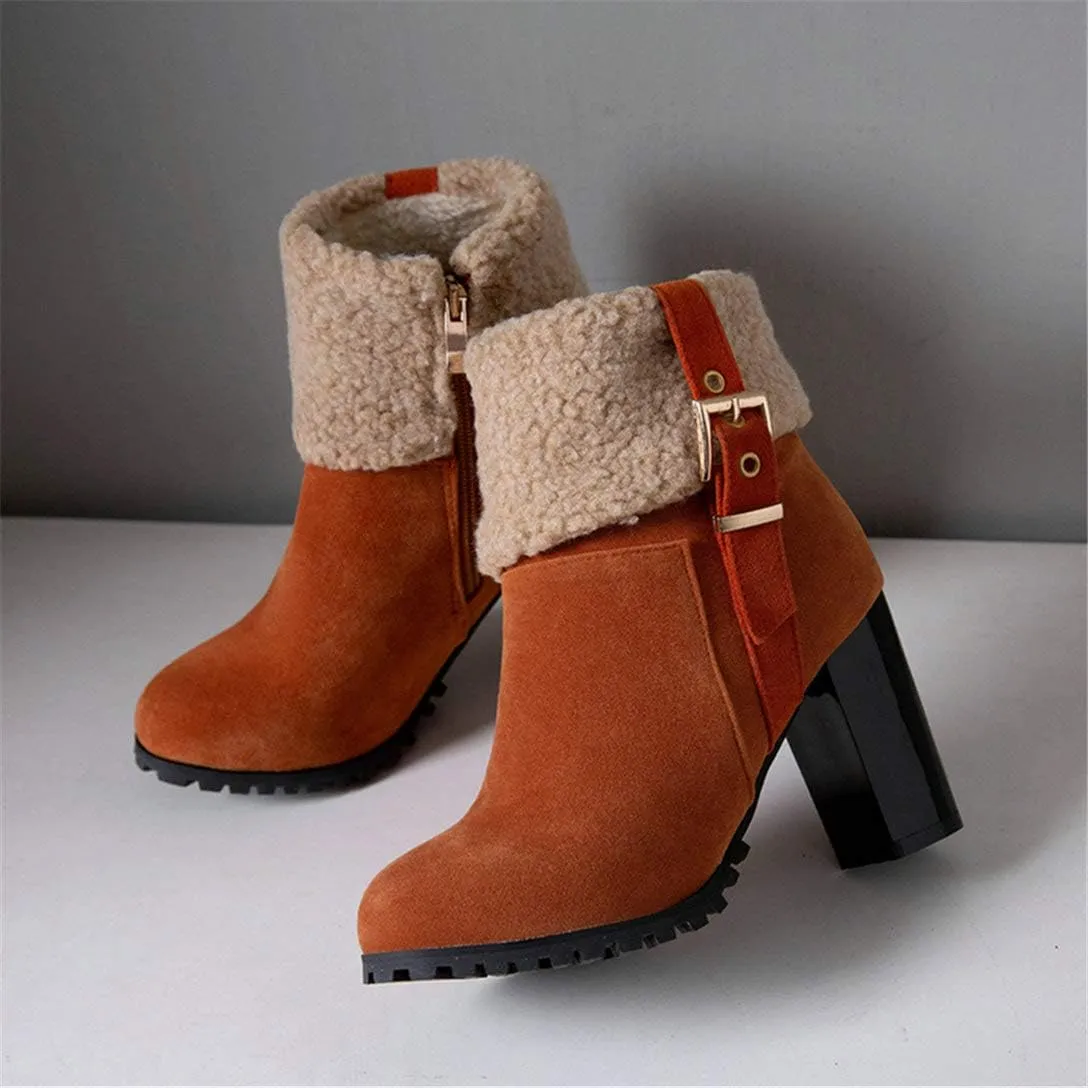 Alsoloveu Women Fold Down Ankle Boots Chunky Heel Closed Toe Booties with Faux Fur