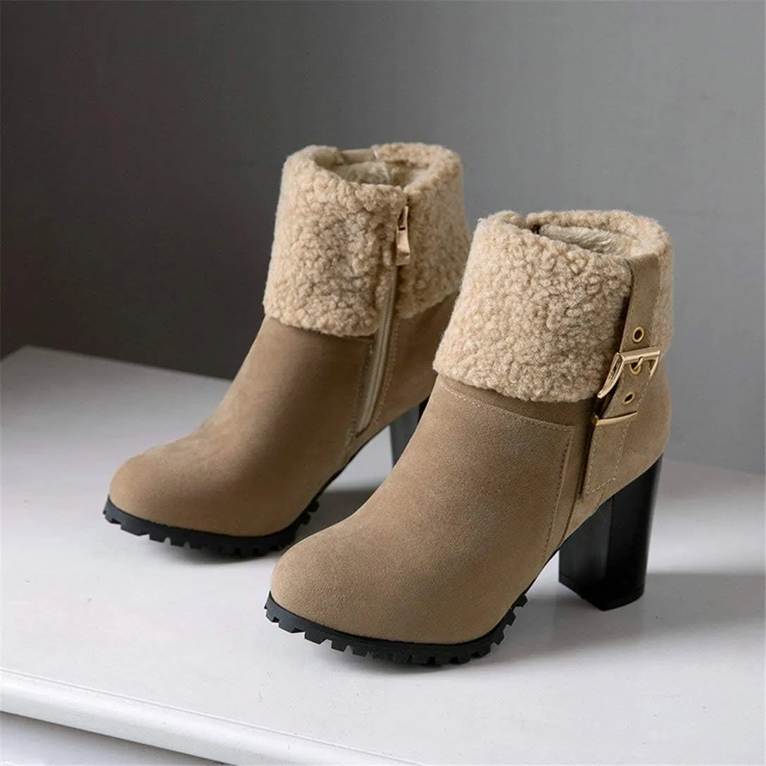 Alsoloveu Women Fold Down Ankle Boots Chunky Heel Closed Toe Booties with Faux Fur