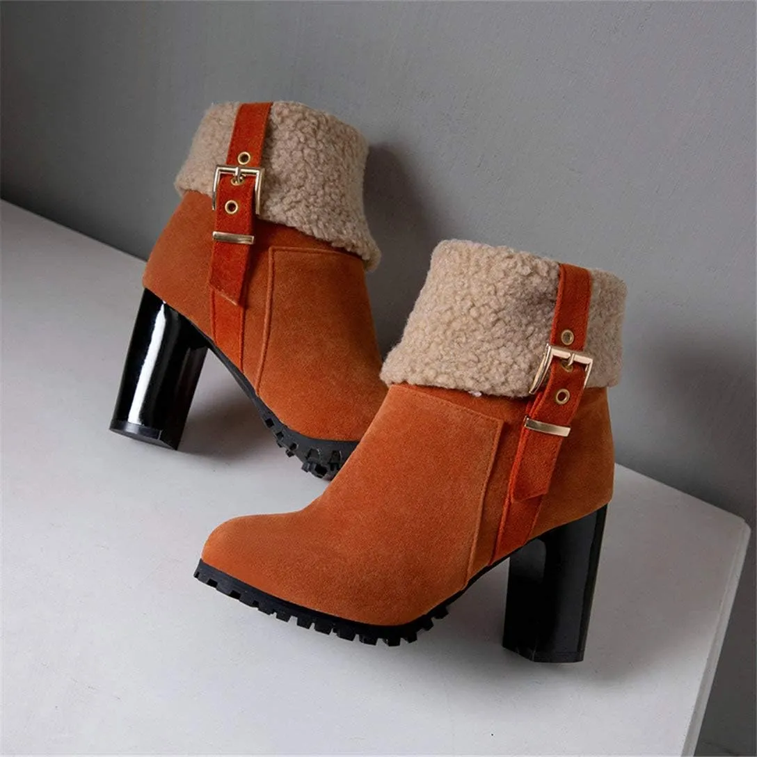 Alsoloveu Women Fold Down Ankle Boots Chunky Heel Closed Toe Booties with Faux Fur