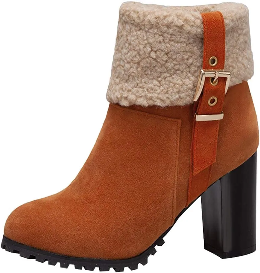 Alsoloveu Women Fold Down Ankle Boots Chunky Heel Closed Toe Booties with Faux Fur
