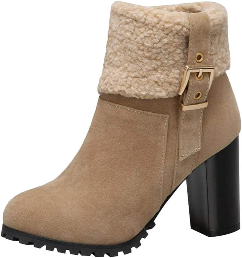 Alsoloveu Women Fold Down Ankle Boots Chunky Heel Closed Toe Booties with Faux Fur
