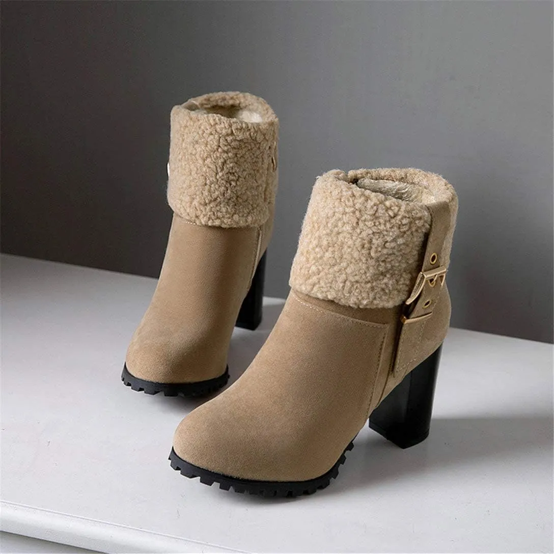 Alsoloveu Women Fold Down Ankle Boots Chunky Heel Closed Toe Booties with Faux Fur