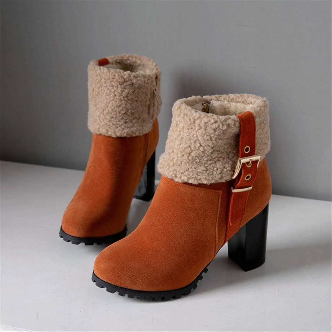 Alsoloveu Women Fold Down Ankle Boots Chunky Heel Closed Toe Booties with Faux Fur