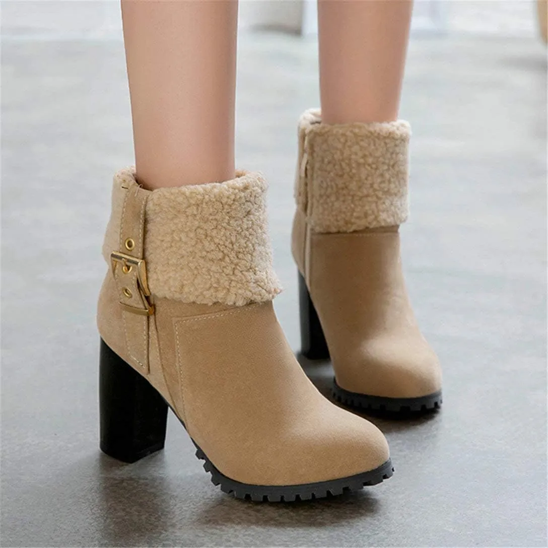 Alsoloveu Women Fold Down Ankle Boots Chunky Heel Closed Toe Booties with Faux Fur
