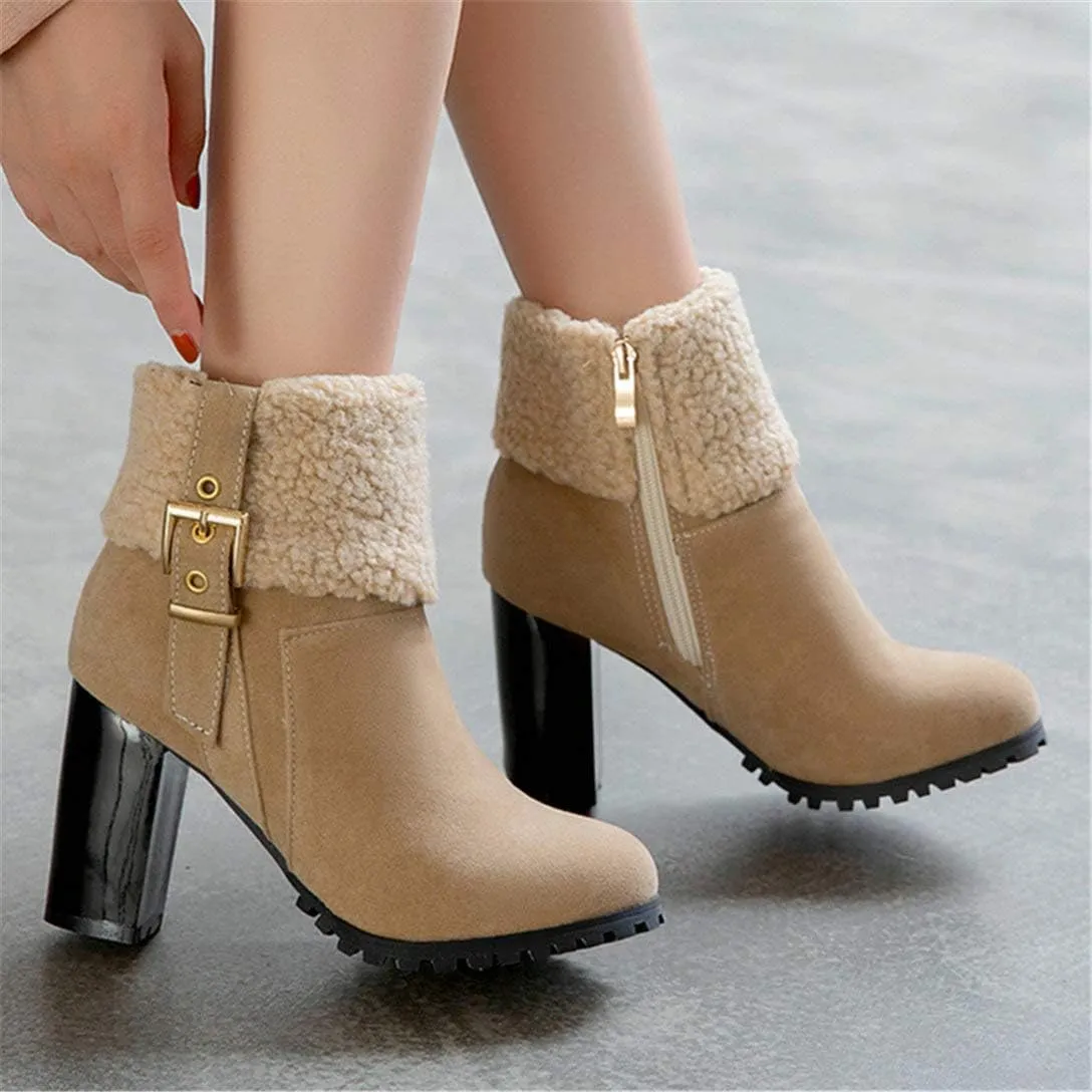 Alsoloveu Women Fold Down Ankle Boots Chunky Heel Closed Toe Booties with Faux Fur