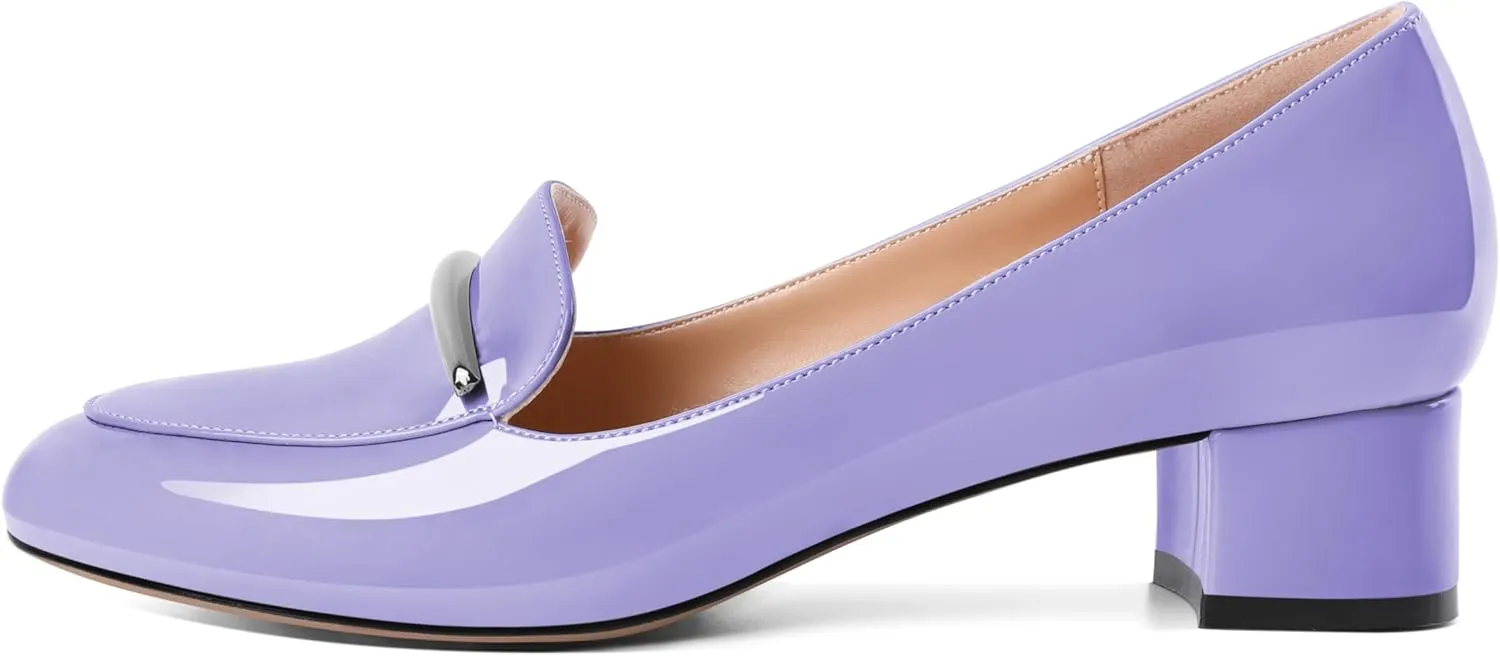 AUMOTED Women Low Block Chunky Heel Pumps Round Toe Slip On 1.5" Closed Toe Loafer Heels Chunky Office Dress Shoes