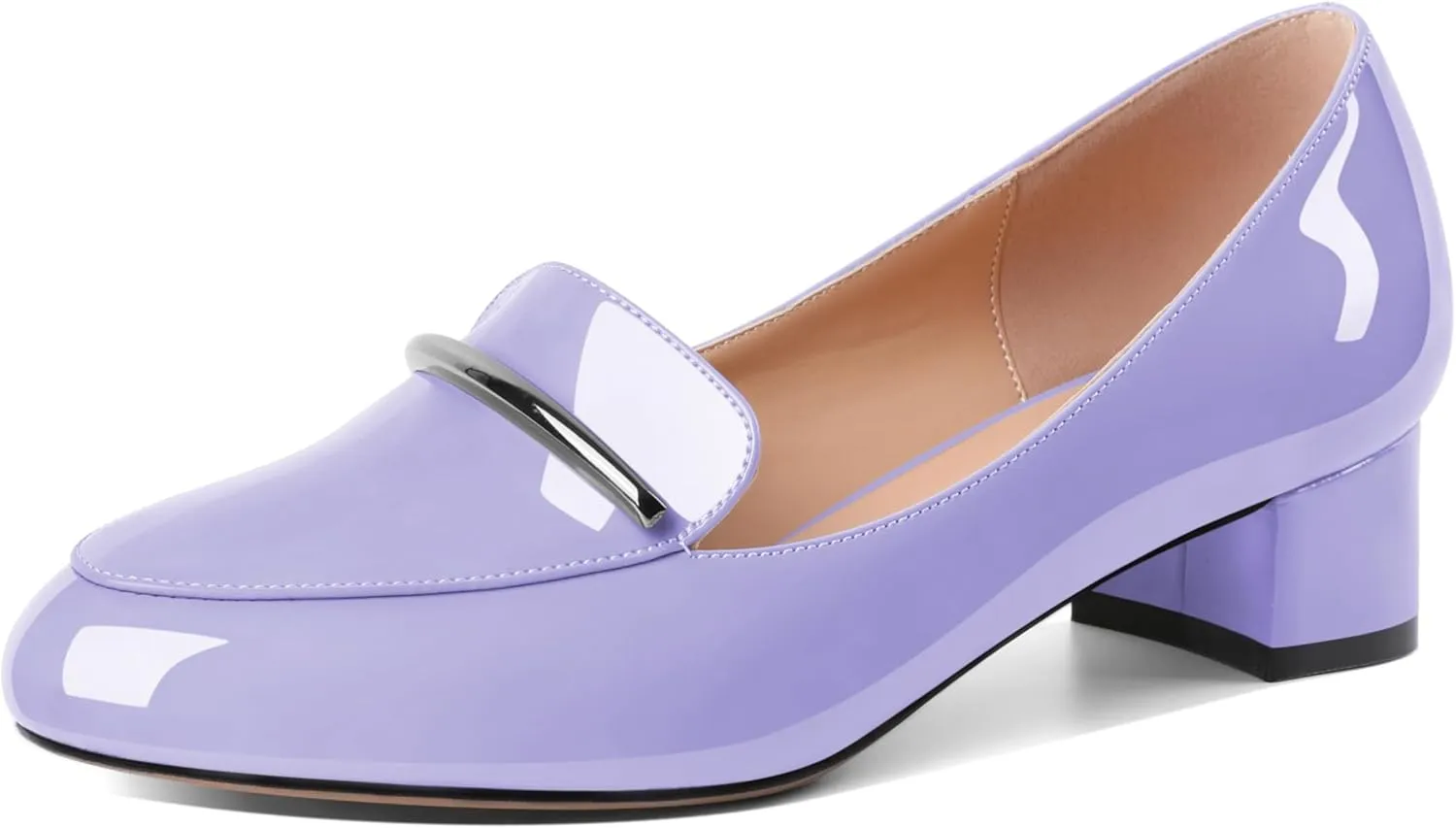 AUMOTED Women Low Block Chunky Heel Pumps Round Toe Slip On 1.5" Closed Toe Loafer Heels Chunky Office Dress Shoes