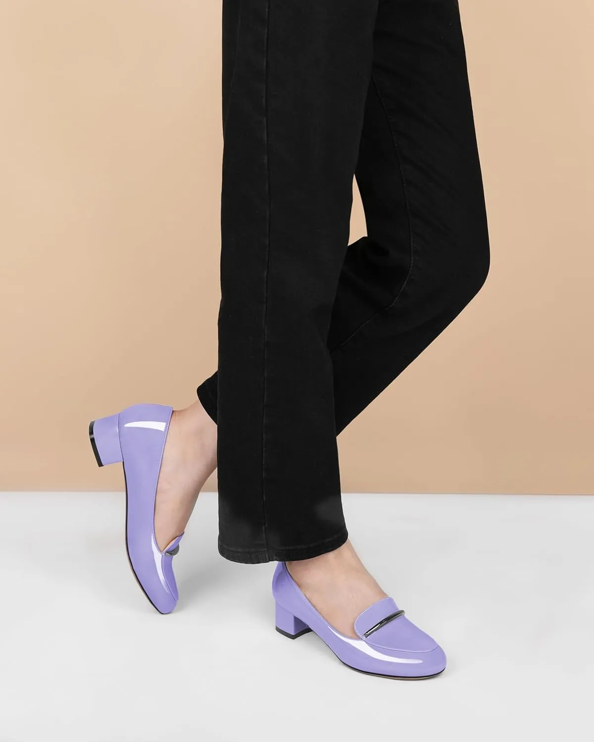 AUMOTED Women Low Block Chunky Heel Pumps Round Toe Slip On 1.5" Closed Toe Loafer Heels Chunky Office Dress Shoes