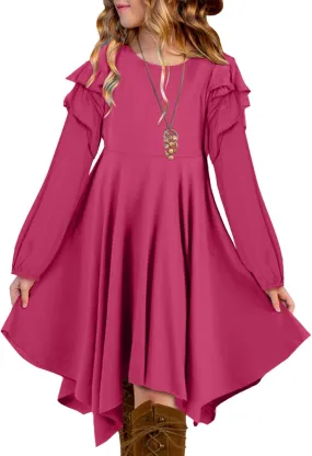 blibean Girl Long Sleeve High Low Dresses Tween Cute Swing Dress Size 6-15 Years
