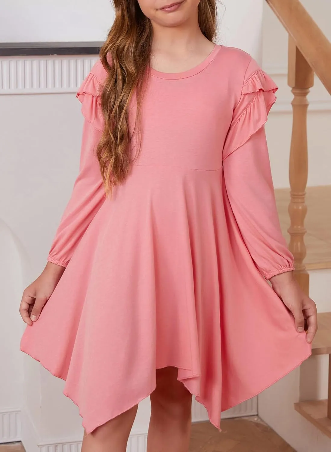 blibean Girl Long Sleeve High Low Dresses Tween Cute Swing Dress Size 6-15 Years