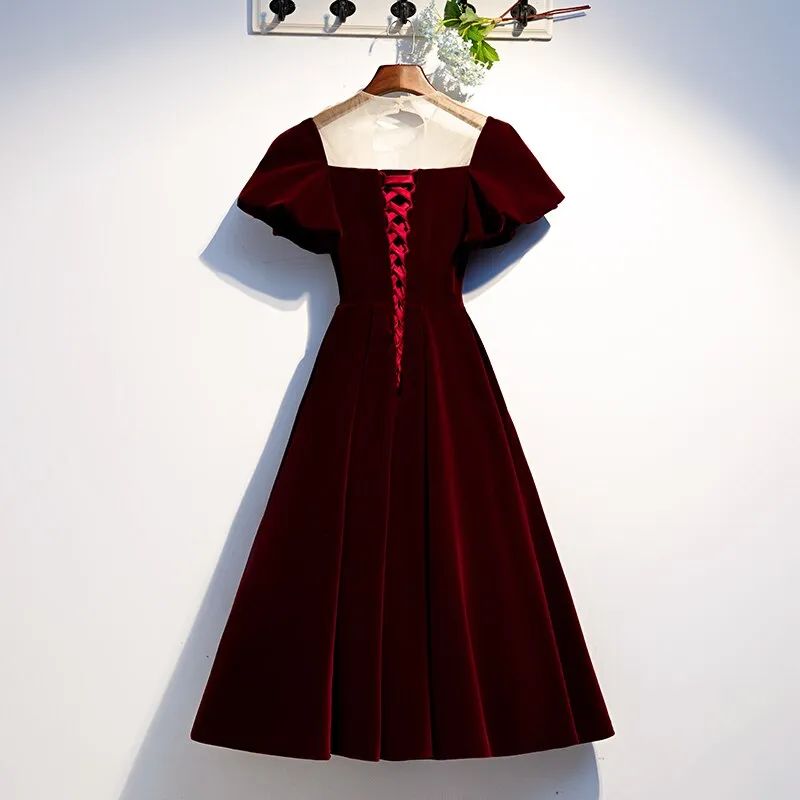Burgundy Velvet Scoop Lace Up A Line Homecoming Dresses Short Prom Dresses Evening Dresses
