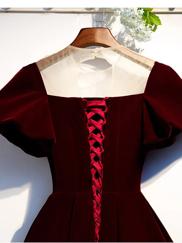 Burgundy Velvet Scoop Lace Up A Line Homecoming Dresses Short Prom Dresses Evening Dresses