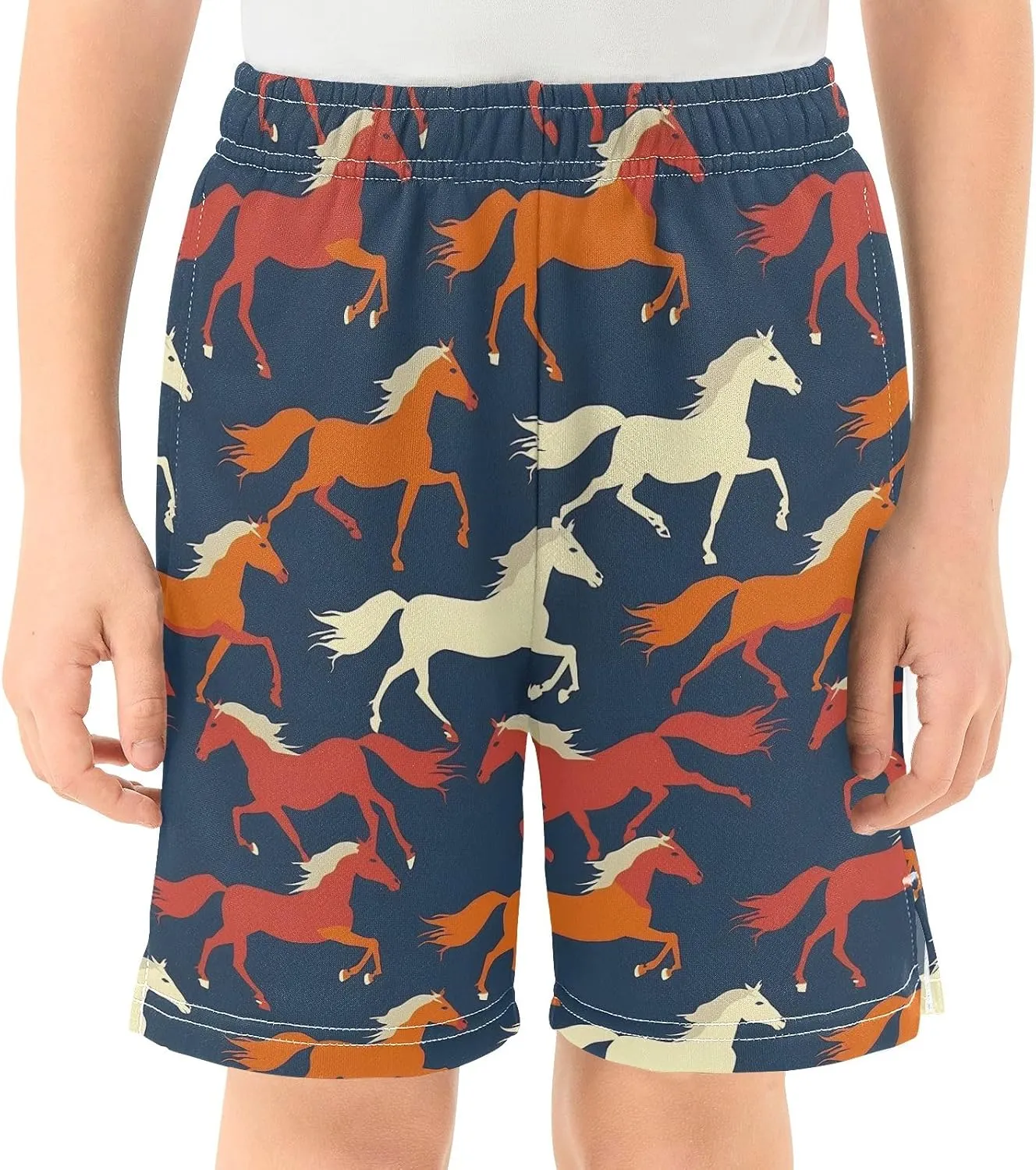Colorful Silhouettes of Horses Boys' Shorts Pants Summer Lounge Bottoms Boys Elastic Waist with Pockets