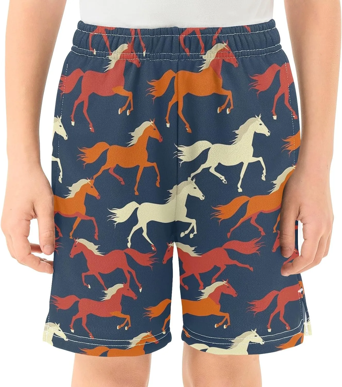 Colorful Silhouettes of Horses Boys' Shorts Pants Summer Lounge Bottoms Boys Elastic Waist with Pockets