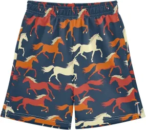 Colorful Silhouettes of Horses Boys' Shorts Pants Summer Lounge Bottoms Boys Elastic Waist with Pockets
