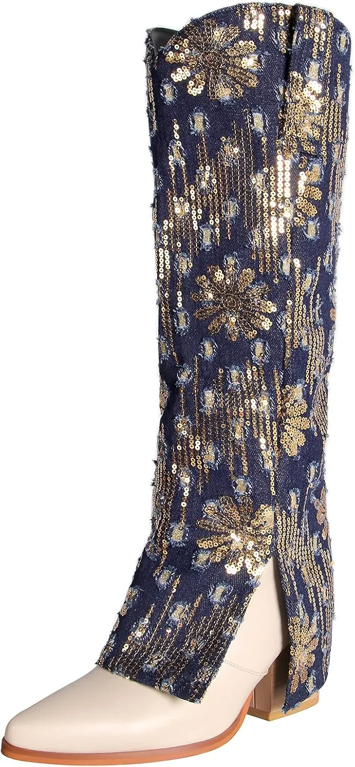 Cowboy Cowgirl Boots for Women Knee High Denim Boots