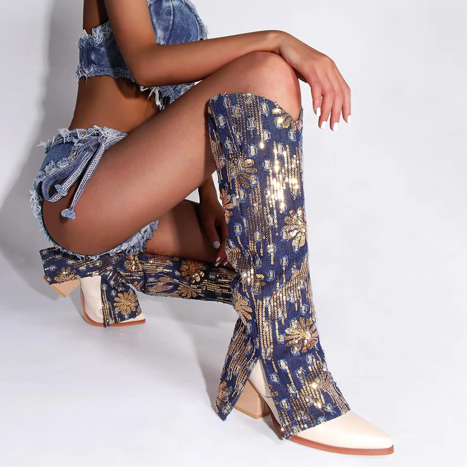 Cowboy Cowgirl Boots for Women Knee High Denim Boots