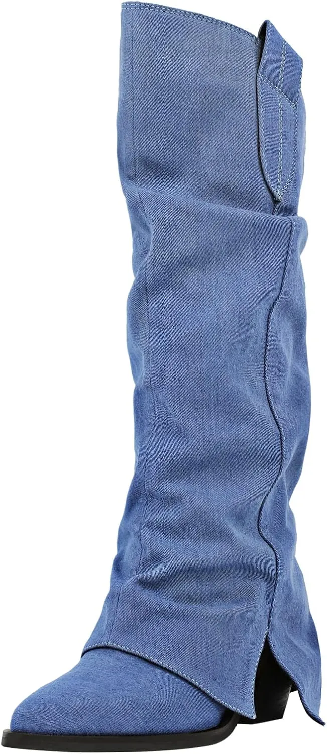 Cowboy Cowgirl Boots for Women Knee High Denim Boots