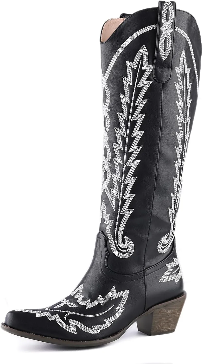 Cozivwaiy Women Knee High Cowboy Boots Embroidered Western Cowgirl Boot Chunky Heel Country Shoes Pointed Toe Pull On Zipper