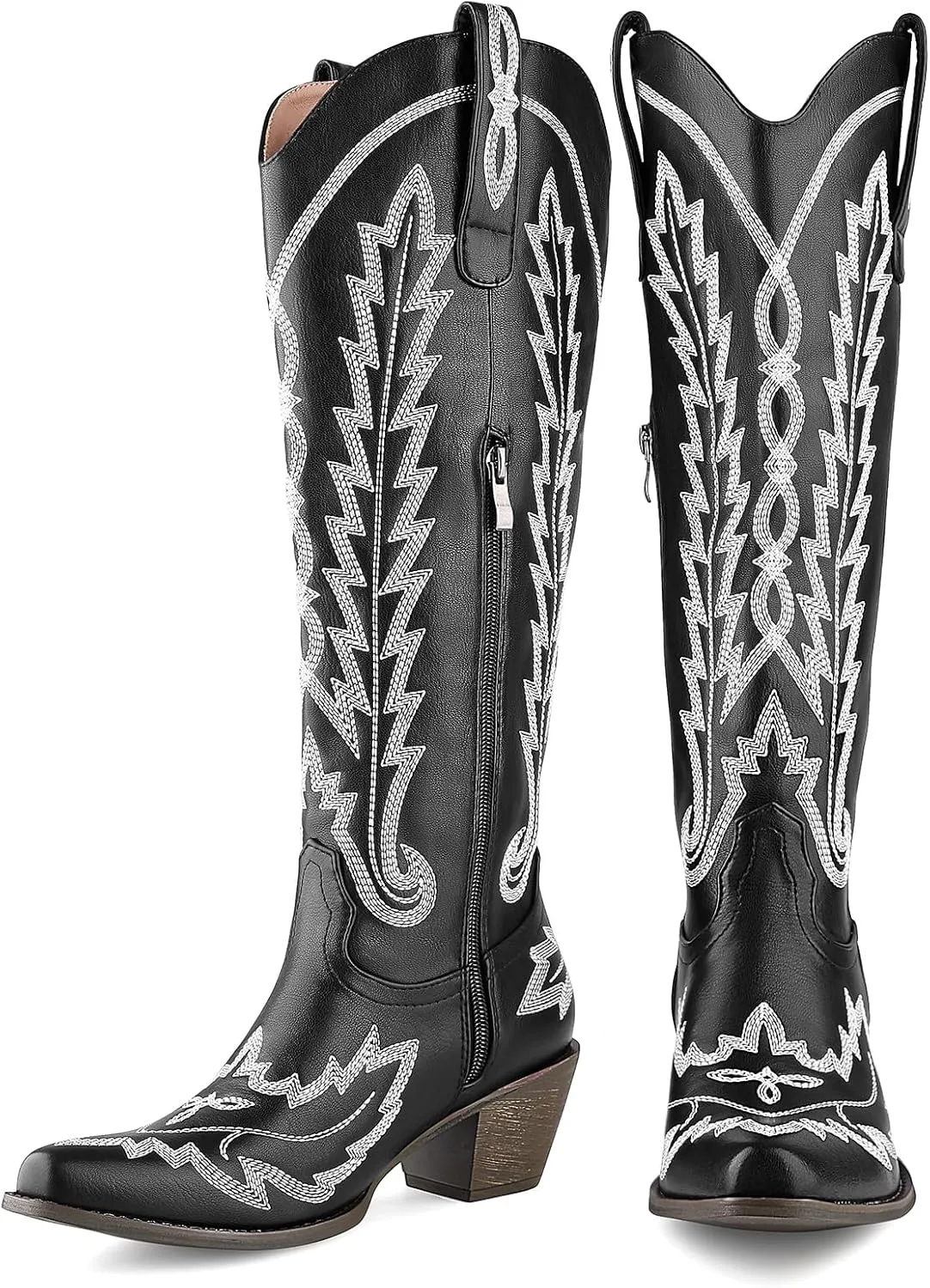Cozivwaiy Women Knee High Cowboy Boots Embroidered Western Cowgirl Boot Chunky Heel Country Shoes Pointed Toe Pull On Zipper