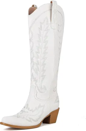Cozivwaiy Women Knee High Cowboy Boots Embroidered Western Cowgirl Boot Chunky Heel Country Shoes Pointed Toe Pull On Zipper
