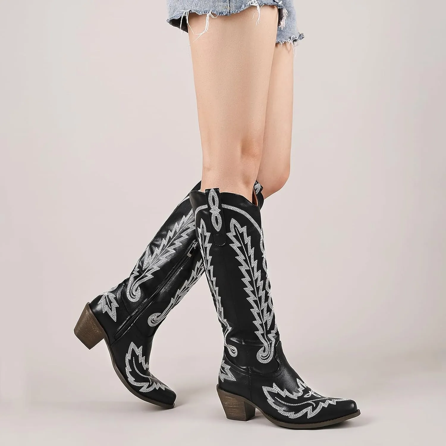 Cozivwaiy Women Knee High Cowboy Boots Embroidered Western Cowgirl Boot Chunky Heel Country Shoes Pointed Toe Pull On Zipper