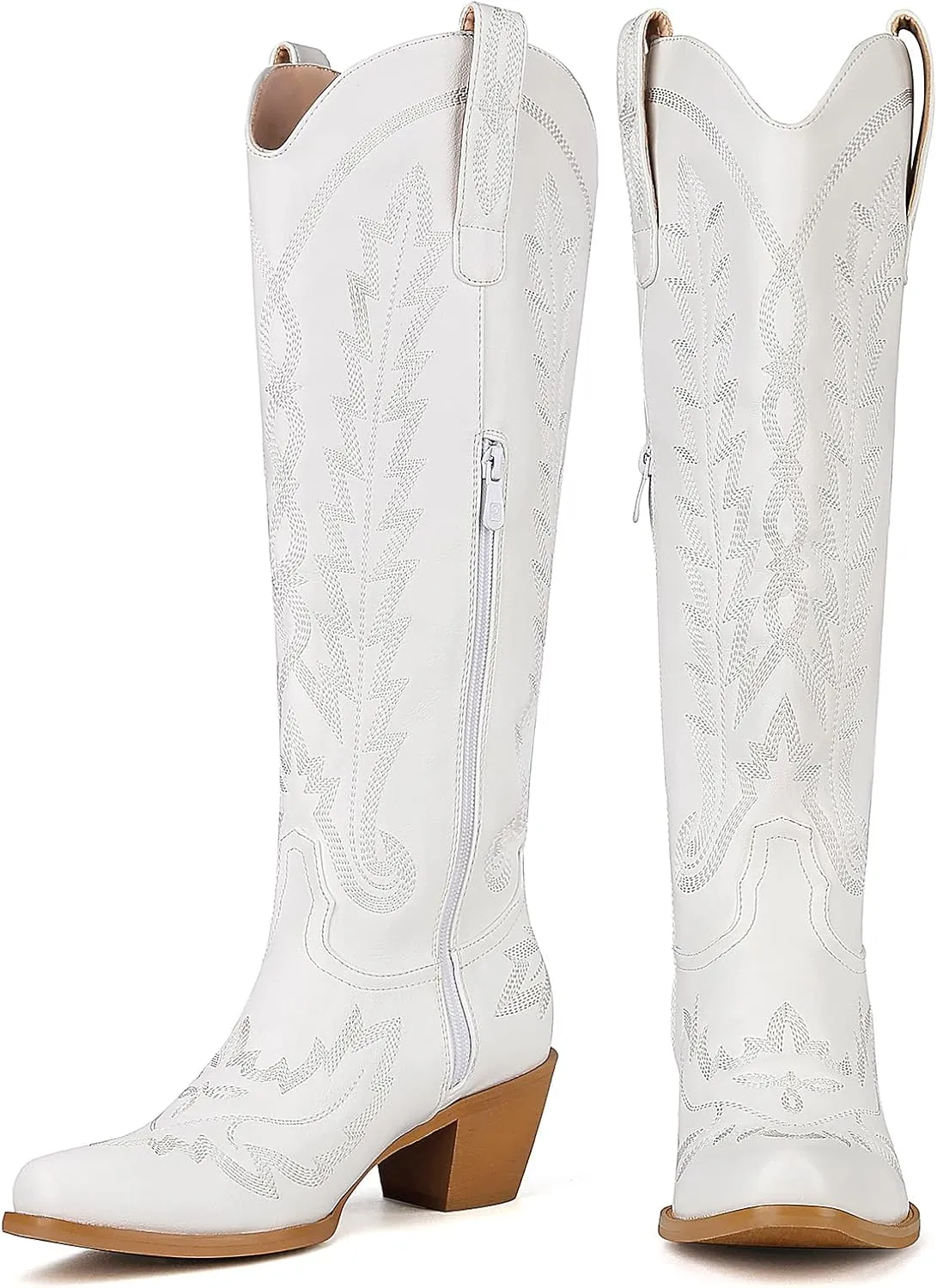 Cozivwaiy Women Knee High Cowboy Boots Embroidered Western Cowgirl Boot Chunky Heel Country Shoes Pointed Toe Pull On Zipper