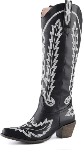 Cozivwaiy Women Knee High Cowboy Boots Embroidered Western Cowgirl Boot Chunky Heel Country Shoes Pointed Toe Pull On Zipper