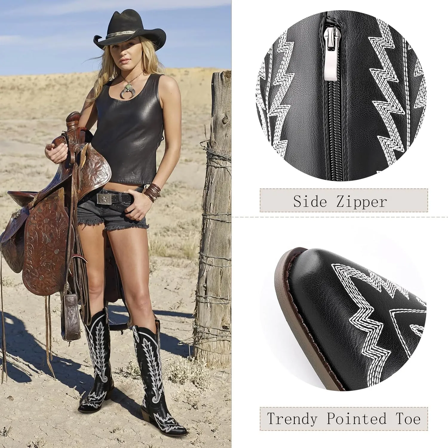 Cozivwaiy Women Knee High Cowboy Boots Embroidered Western Cowgirl Boot Chunky Heel Country Shoes Pointed Toe Pull On Zipper
