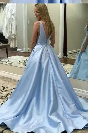Formal Dresses Satin Prom Dresses with V Neck V Back Straps