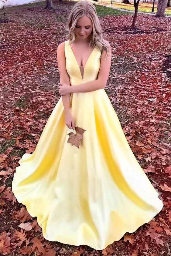 Formal Dresses Satin Prom Dresses with V Neck V Back Straps