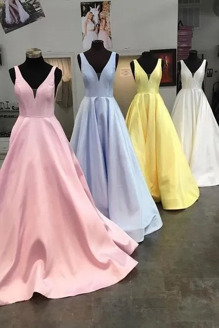 Formal Dresses Satin Prom Dresses with V Neck V Back Straps