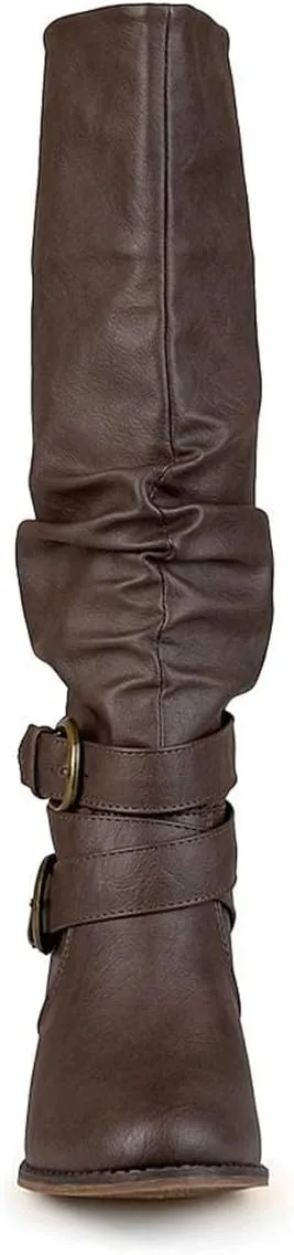 FOWT Leather Slouchy Knee High Booties for Women Round Toe Mid Stacked Block Heels Long Boots Two Strappy Buckles Pinky Bootie Pull On Ladies Fall Winter Jeans Shoes Full Size 4-15 M US