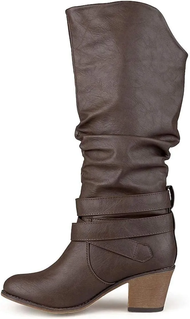 FOWT Leather Slouchy Knee High Booties for Women Round Toe Mid Stacked Block Heels Long Boots Two Strappy Buckles Pinky Bootie Pull On Ladies Fall Winter Jeans Shoes Full Size 4-15 M US