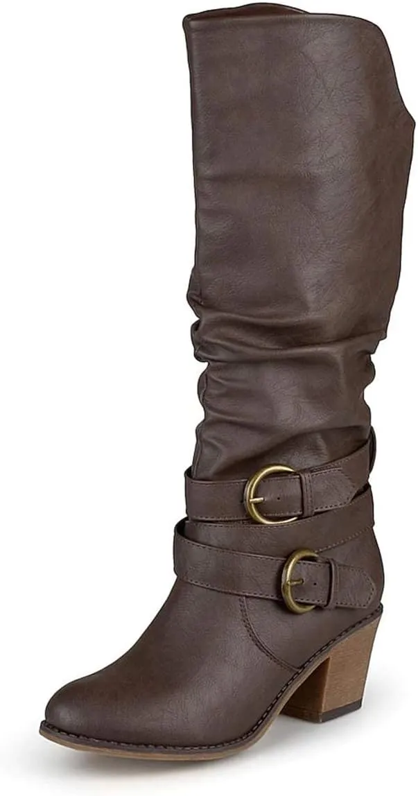 FOWT Leather Slouchy Knee High Booties for Women Round Toe Mid Stacked Block Heels Long Boots Two Strappy Buckles Pinky Bootie Pull On Ladies Fall Winter Jeans Shoes Full Size 4-15 M US