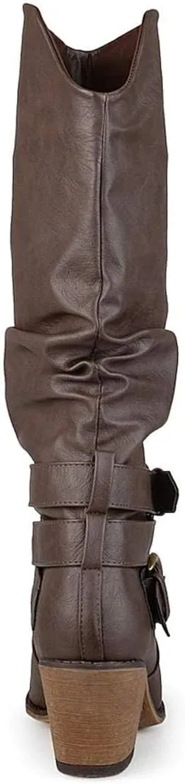 FOWT Leather Slouchy Knee High Booties for Women Round Toe Mid Stacked Block Heels Long Boots Two Strappy Buckles Pinky Bootie Pull On Ladies Fall Winter Jeans Shoes Full Size 4-15 M US