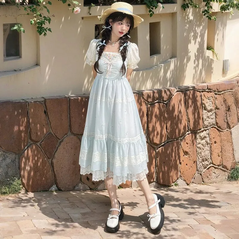 French Sweet Style Blue Embroidered Lolita Dress