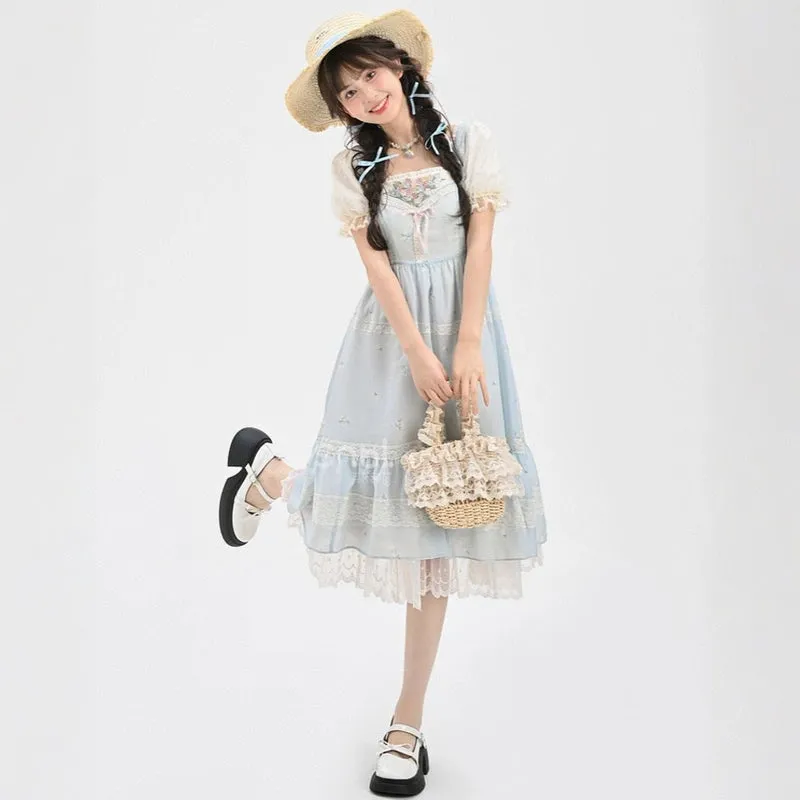 French Sweet Style Blue Embroidered Lolita Dress