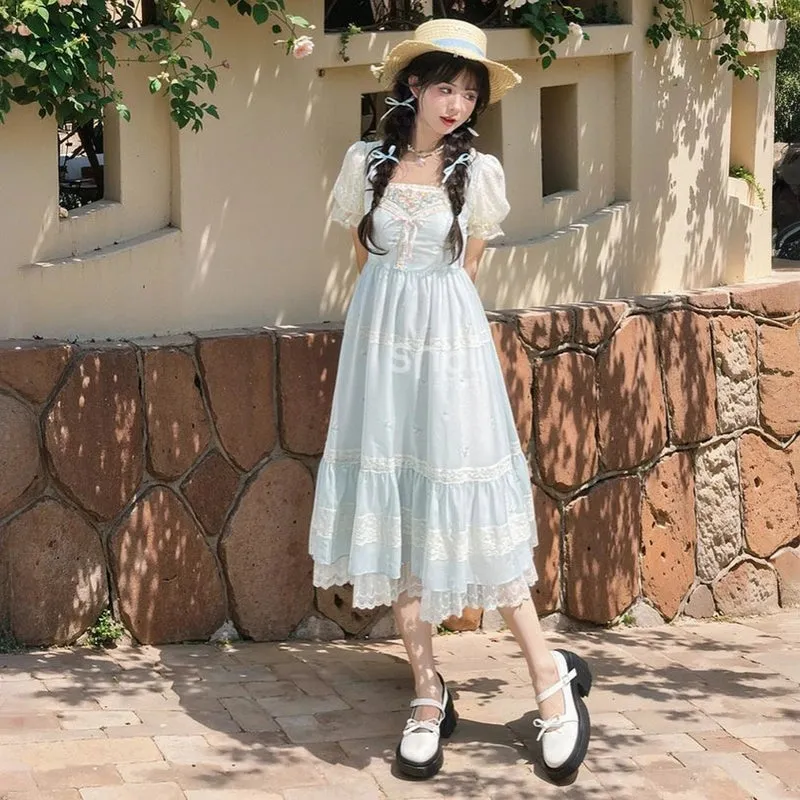 French Sweet Style Blue Embroidered Lolita Dress