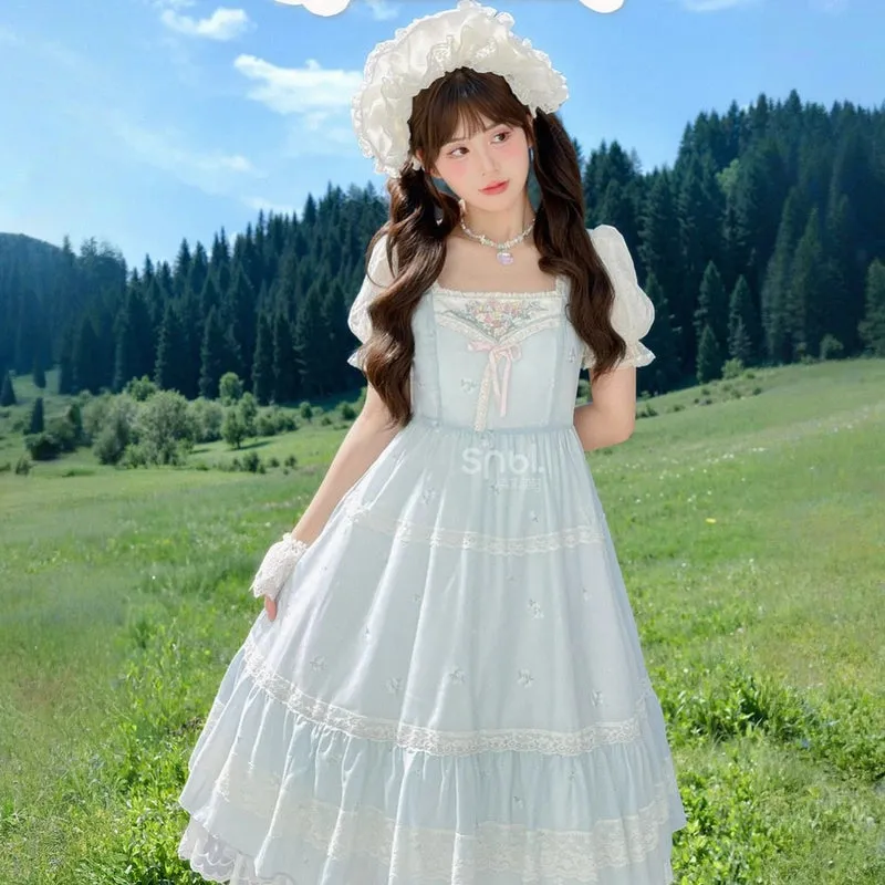 French Sweet Style Blue Embroidered Lolita Dress