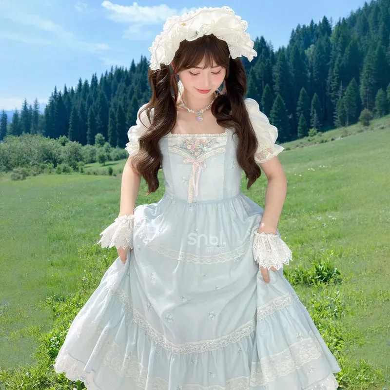 French Sweet Style Blue Embroidered Lolita Dress