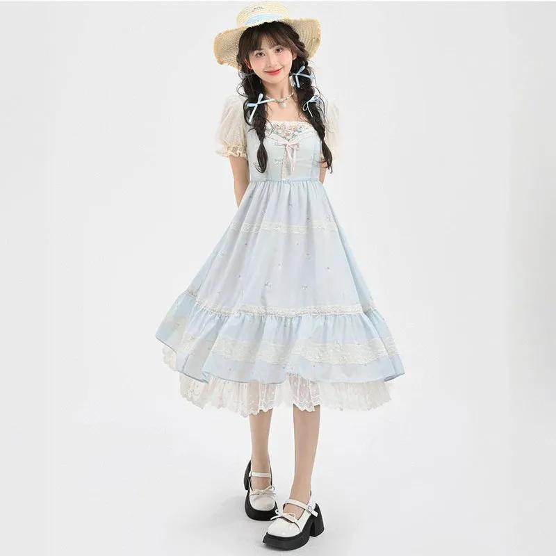 French Sweet Style Blue Embroidered Lolita Dress