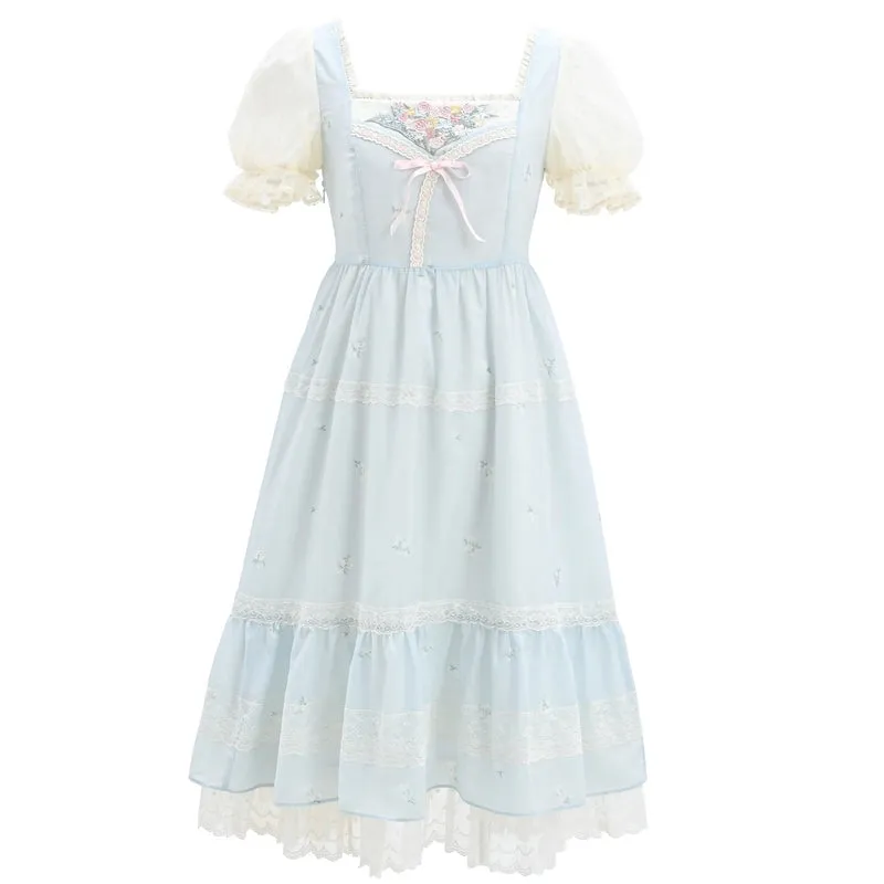 French Sweet Style Blue Embroidered Lolita Dress