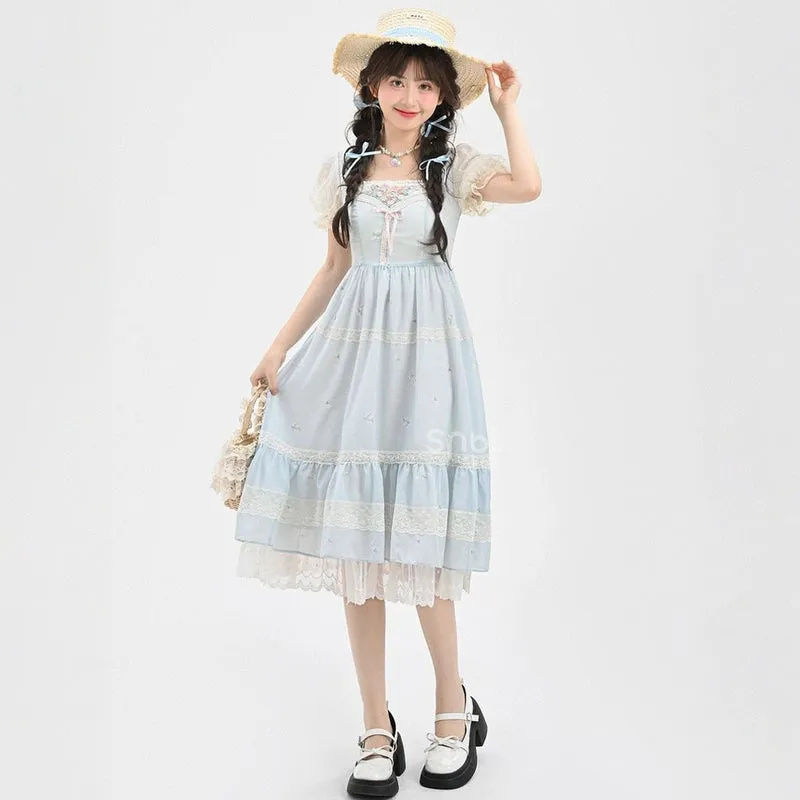 French Sweet Style Blue Embroidered Lolita Dress