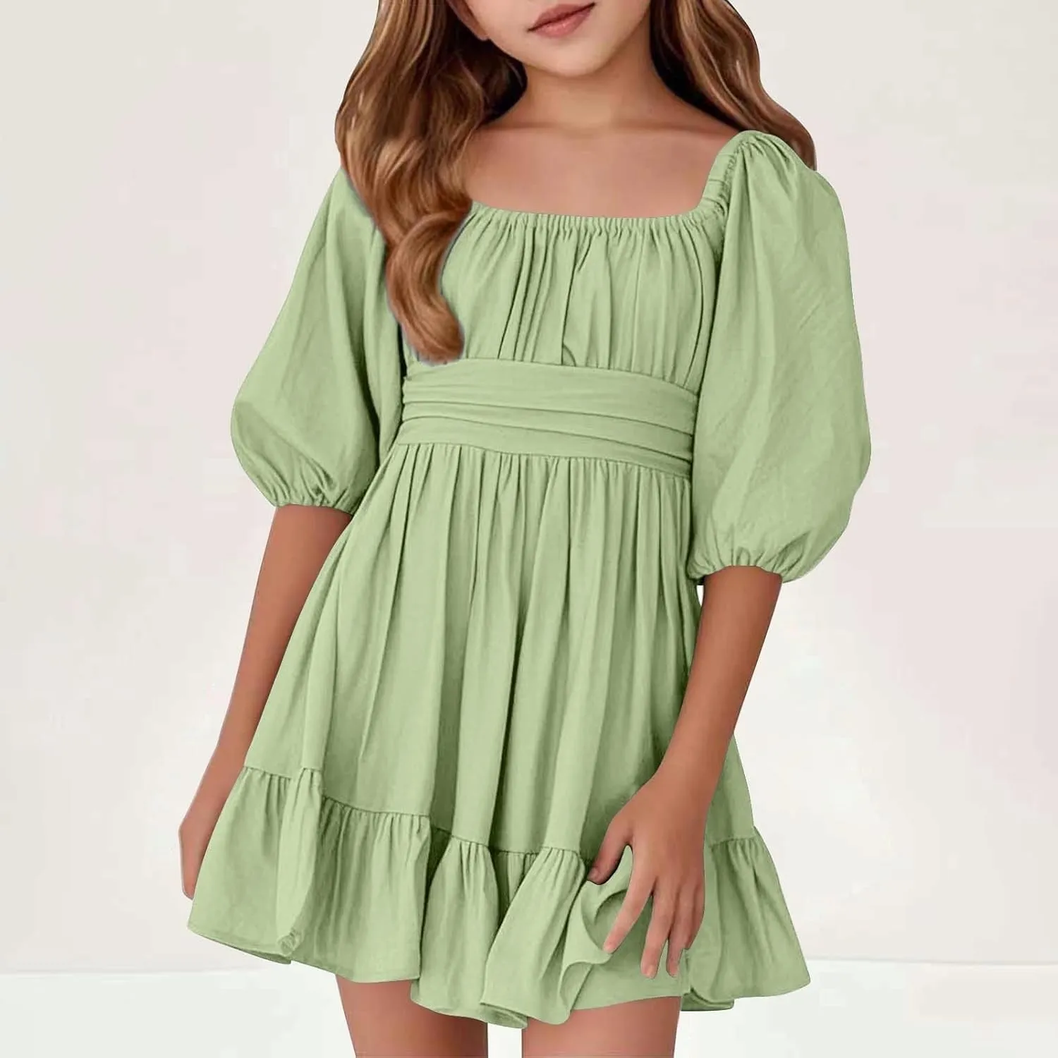Girls Summer Square Neck Lantern Sleeve Lace-Up Backless Ruffle Children's Party Dresses