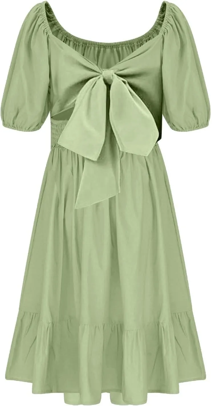 Girls Summer Square Neck Lantern Sleeve Lace-Up Backless Ruffle Children's Party Dresses