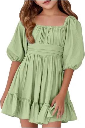 Girls Summer Square Neck Lantern Sleeve Lace-Up Backless Ruffle Children's Party Dresses